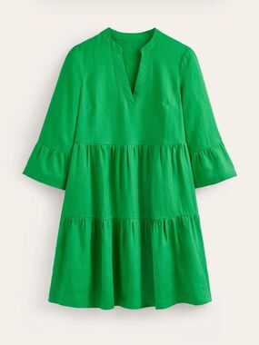 Boden Green Linen Tiered Mini Dress Notch Neck 10R